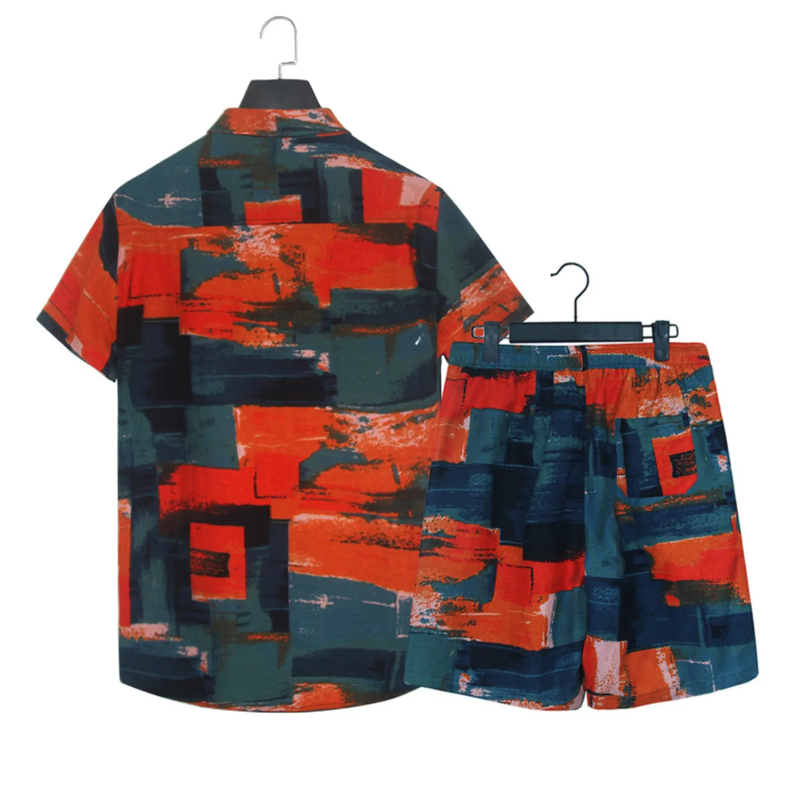 

Casual Breathable 2 Piece Suit Color Block Tracksuit Lapel Collar Male Set Short Sleeve Conjuntos Cortos Vacation Dailywear