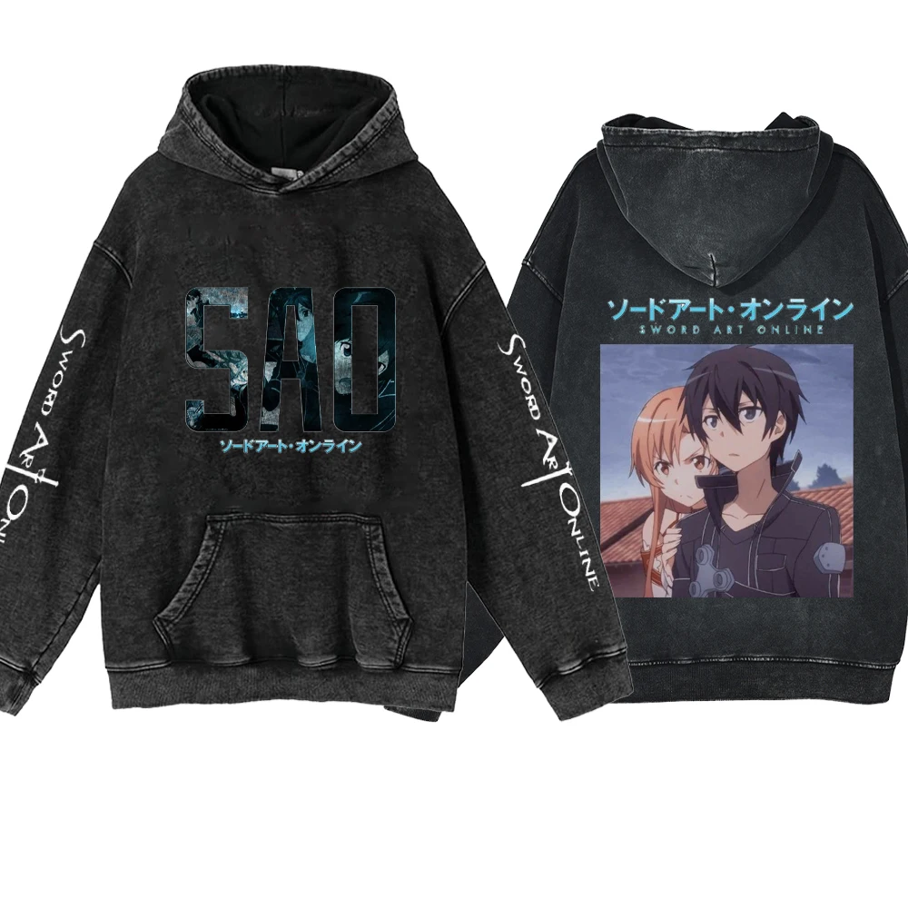 

Sword Art Online Anime Hoodie Men Women Kirito Asuna Casual Sweatshirts 100% Cotton Vintage Black Pullovers Hip Hop Streewear