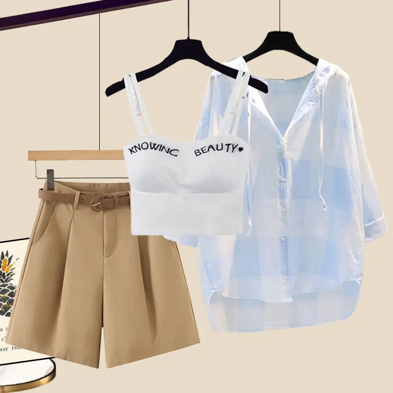 Женский комплект из трех предметов повседневная Солнцезащитная рубашка и шорты