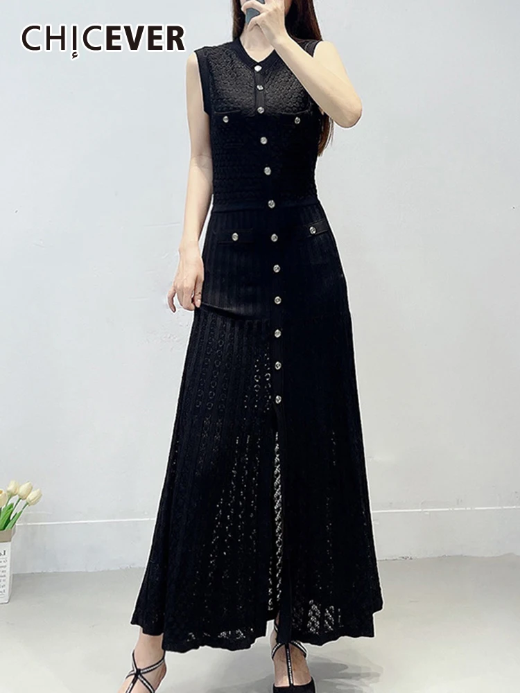 

CHICEVER Hollow Out Sundresses For Women O Neck Sleeveless Off Shoulder Single Breasted High Waist Slim Knitted Dress Female New