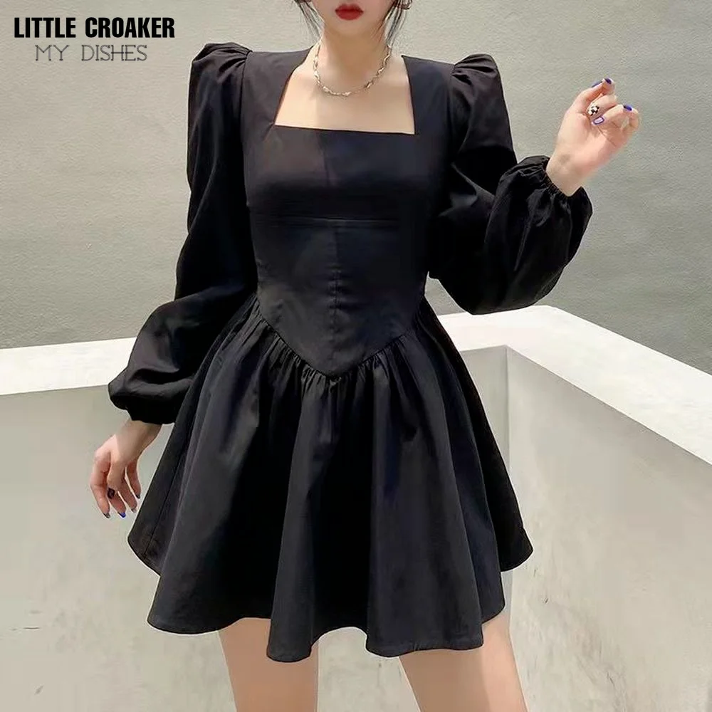 

Autumn Spring A-Line Dress Sexy Slim Solid Square Collar Puff Sleeve Mini Dresses For Women 2022 Elegant Fashion Ladies