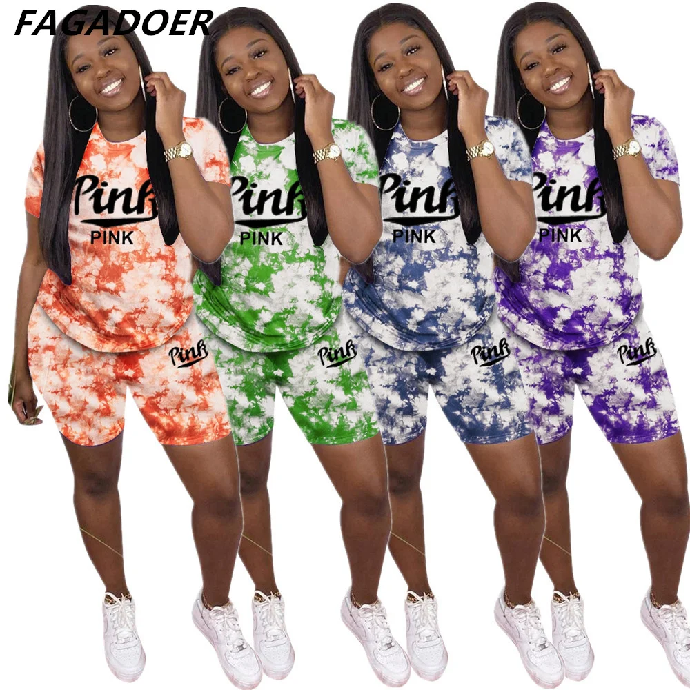 

FAGADOER Pink Letter Print Tracksuit Women Two Piece Sets Tie Dye Camo Print Outfits Tshirt Skinny Shorts Suits Matching Sets
