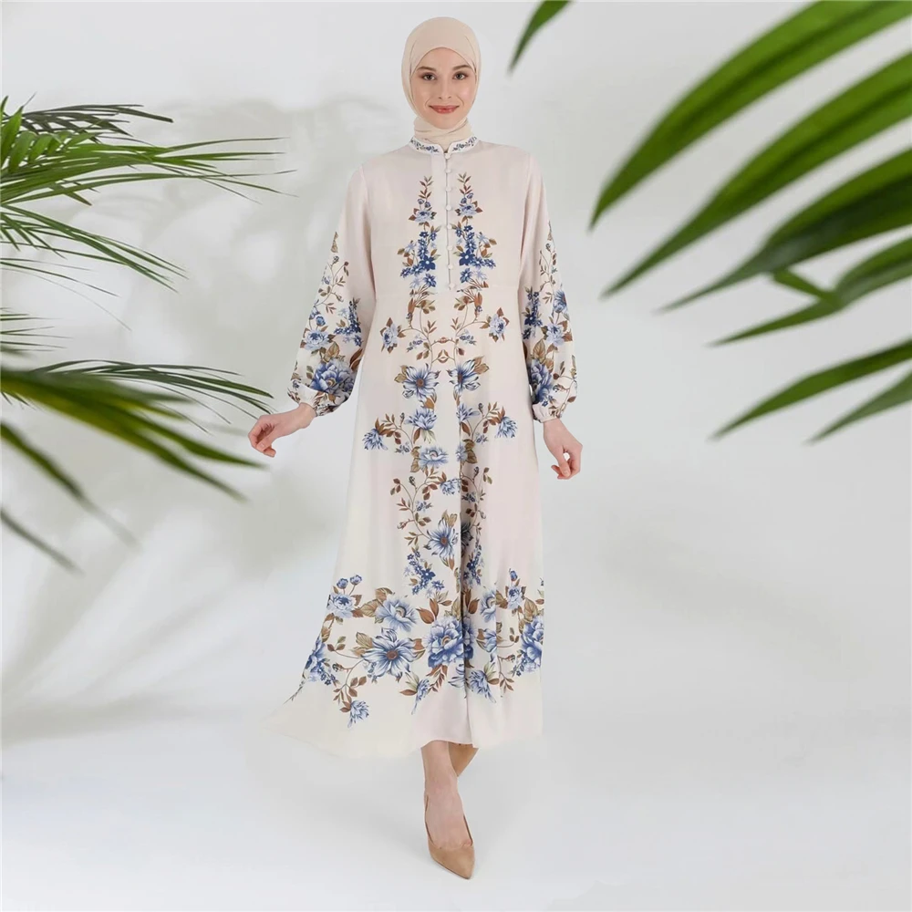 

New Floral Print Kaftan Women Muslim Buttons Maxi Dress Vintage Arabic Turkey Robe Ethnic Bohemian Jilbab Dubai Abaya Islam Gown