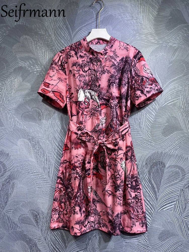 

Seifrmann High Quality Summer Women Fashion Runway Mini Dress Short Sleeve Belt Vintage Printed Elegant Big Swing A-Line Dresses