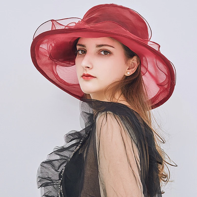 

Flowers Elegant Hat For Women Organza Wide Brim Beach Big Sun Hats Ladies Wedding Church Party Vintage Fedoras Hats Dropshipping