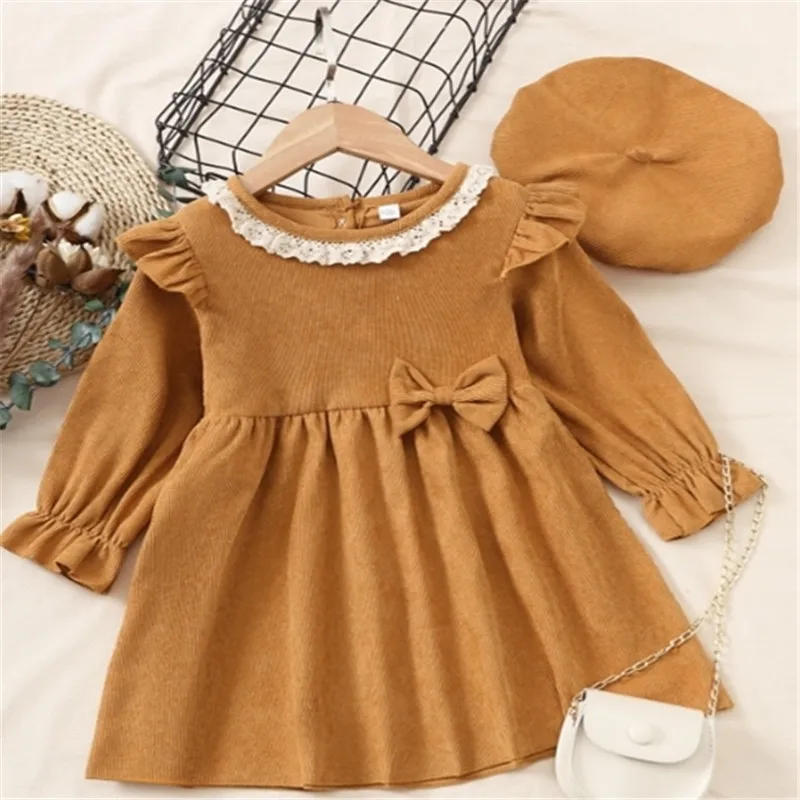 

Детское Повседневное платье для девочек, вельветовое свободное платье трапециевидной формы с круглым вырезом, длинным рукавом и бантом + го...