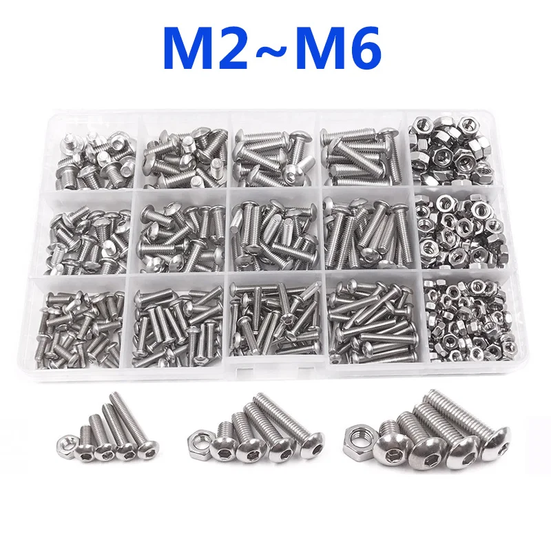 

120-434Pcs 304 Stainless Steel Hex Button Socket Head Cap Screw Hexagon Thread Machine Metric Nut Bolt Assortment Kit Set M2~M6