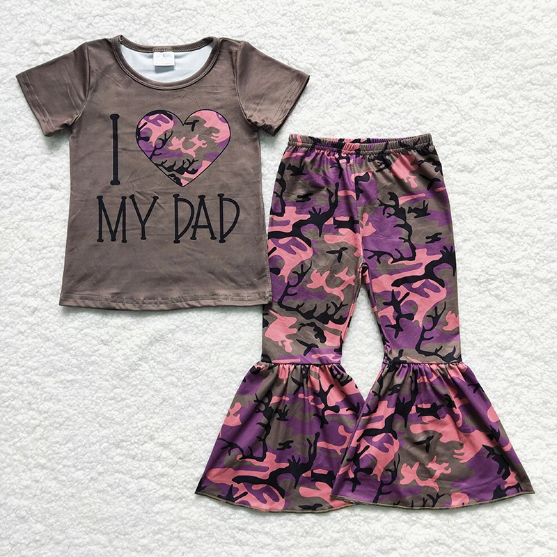 Toddler I love My Dad Clothes Short Sleeves Shirt Camo Bell Bottom Pants Wholesale Outfits Toddler Children Father's Day New Set