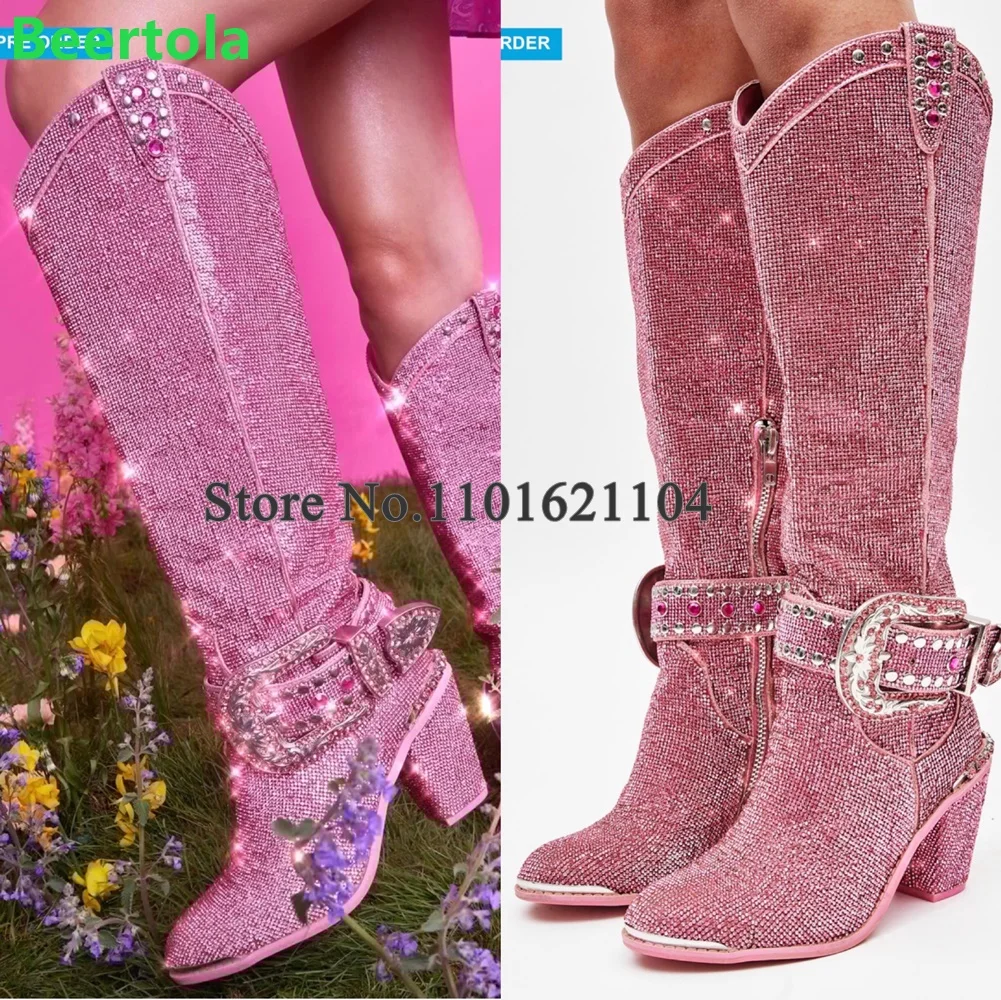

Pink Crystal Chunky Heel Blingbling Luxury Boots For Female Women Round Toe Buckle Design Knee-high Fashion Runway Party Shoes