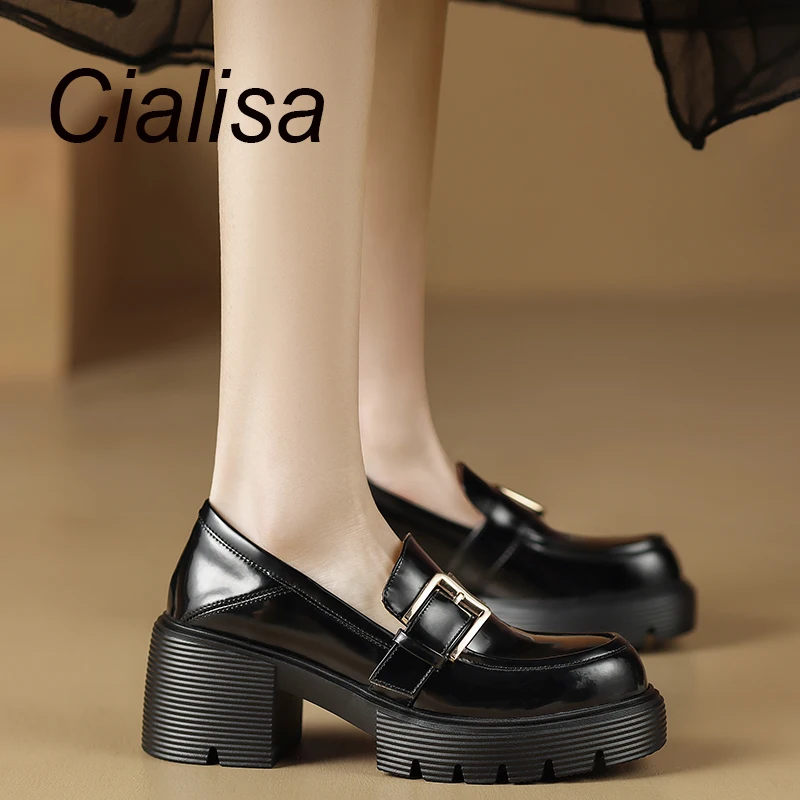 Cialisa 2023 Spring Women Shoes New Round Toe Belt Buckle Genuine Leather Platform Loafers Casual Thick Heels Ladies Footwear