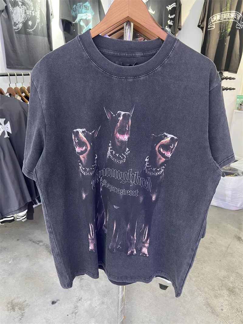 

Black High Street Digital Direct Spray Dobermann Print T-shirt Loose Casual Men Women Same Short Sleeve TEE