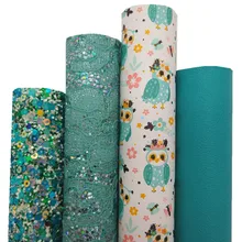 블루 스팽글 반짝이 가죽, 올빼미 인쇄 합성 비닐 가짜 가죽 시트 Litchi Faux Fabric For Bows DIY 21x29CM Q329