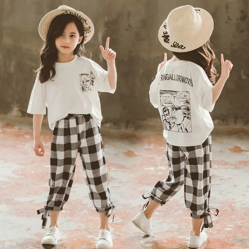 

Kids Summer Clothes for Girls White T-Shirt & Plaid Pants 2 PCS Sets Teen Girl Outfits Casual Children Clothing Tracksuit