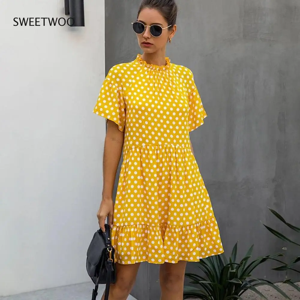 

Summer Polka Dot Print Dress Women O-neck Short Sleeve Casual Loose Big Hem Dresses 2022 Fashion Yellow White Woman Sundresses