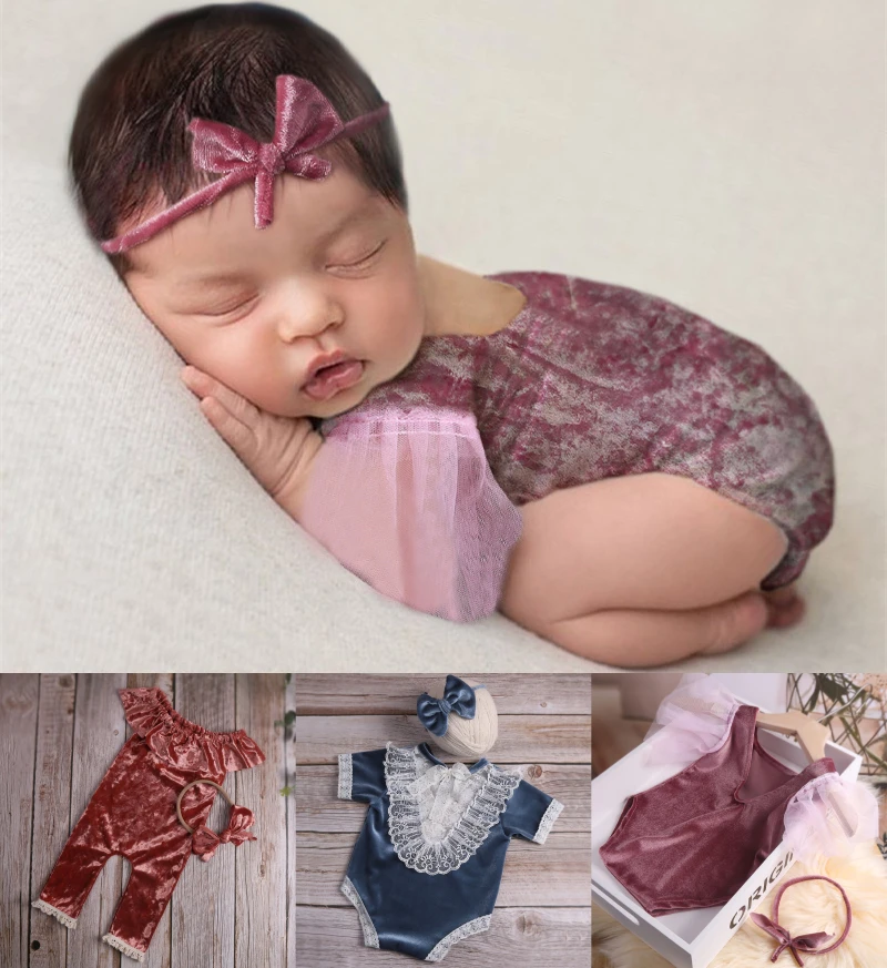 Dvotinst Newborn Baby Photography Props Velet Outfits Romper Headband 2pcs Set Fotografia Studio Shooting Photo Props 0-1M