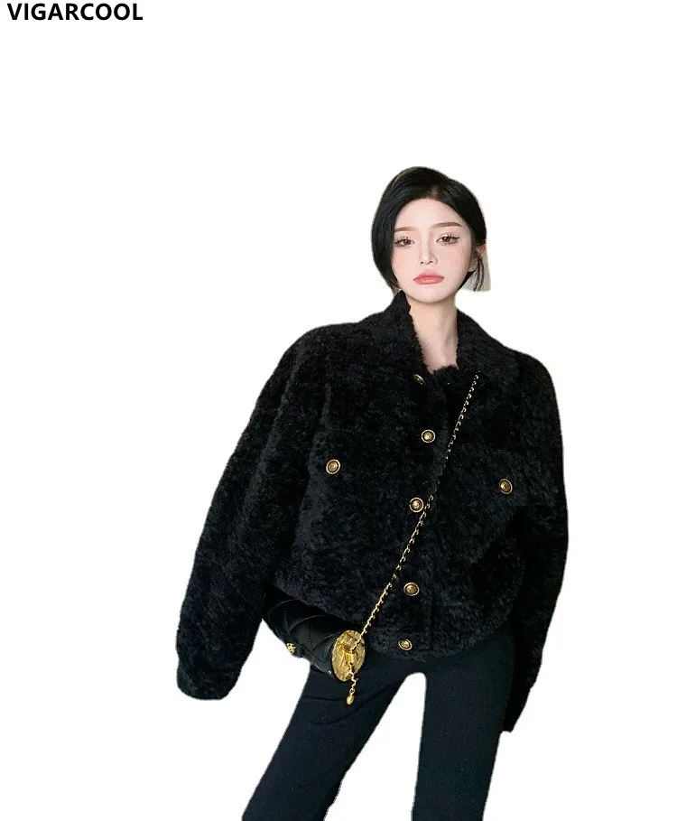 

Black lapel cotton coat Women in Winter small fragrance loose lamb wool high-grade cotton dress imitation lamb wool cotton Coat