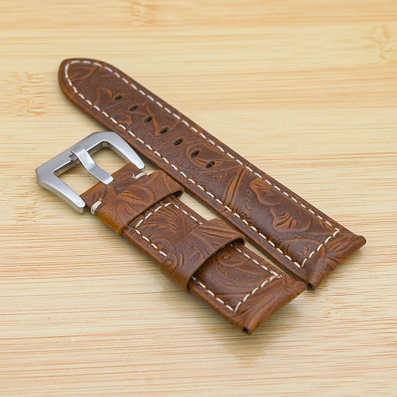 24mm Retro Steel Buckle Flower pattern Leather Strap Automatic Mechanical Watch Case Bracelet Smart Watch Band Accessories