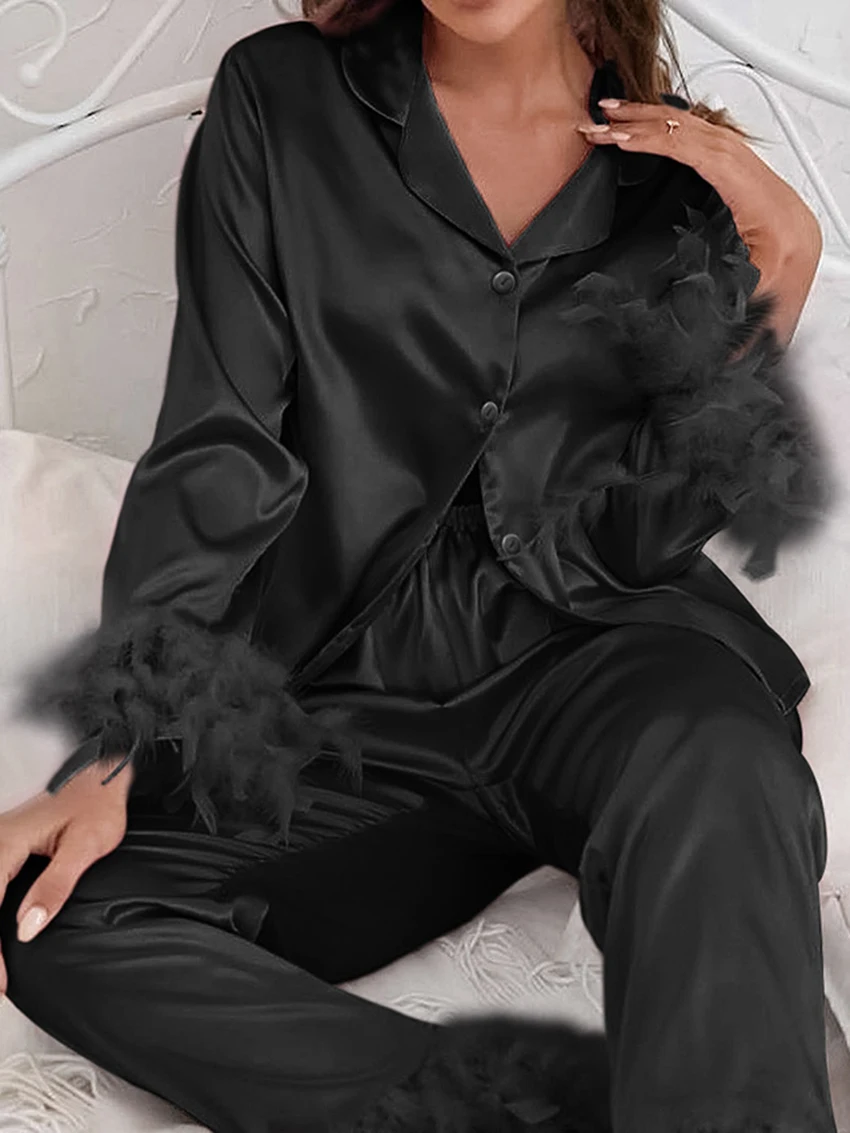 Marthaqiqi Pink Satin Women Pajama Feathers Long Sleeve Nightwear Turn-Down Collar Low-Cut Nightie Trousers Nightie Suit Female