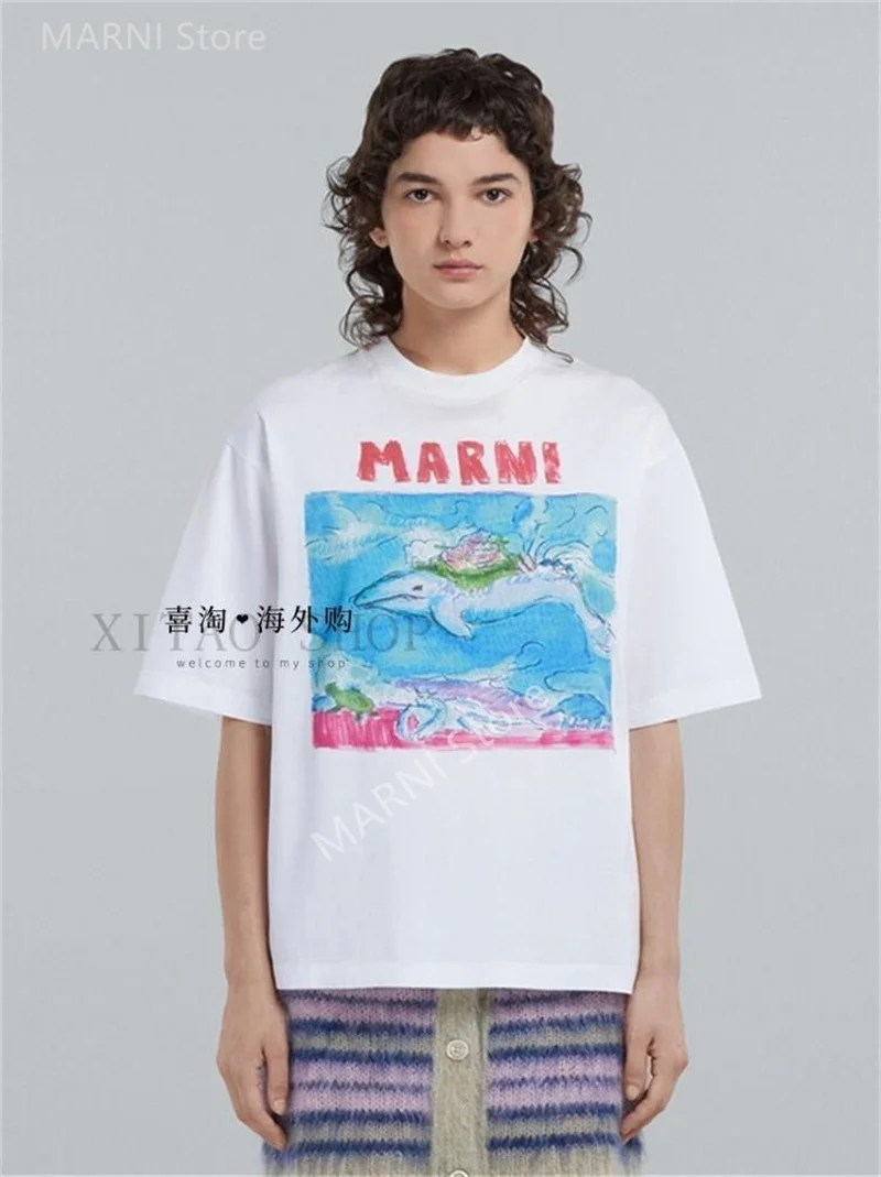 

MARNI Underwater World Graffiti alphabet print round neck loose short sleeve T-shirt top for women
