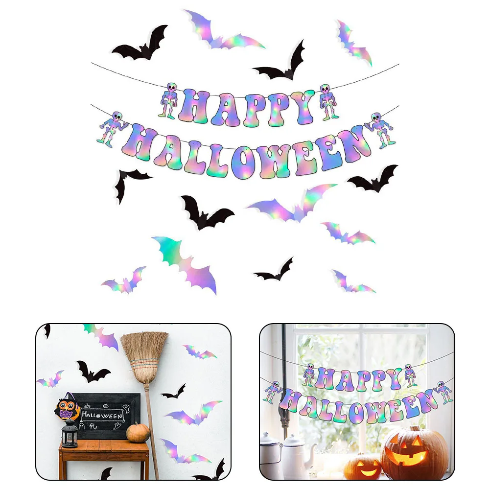 

1set Happy Halloween Banner Bat Stickers Hang Pull Flags Witch Reusable Durable For Halloween Party Decorations