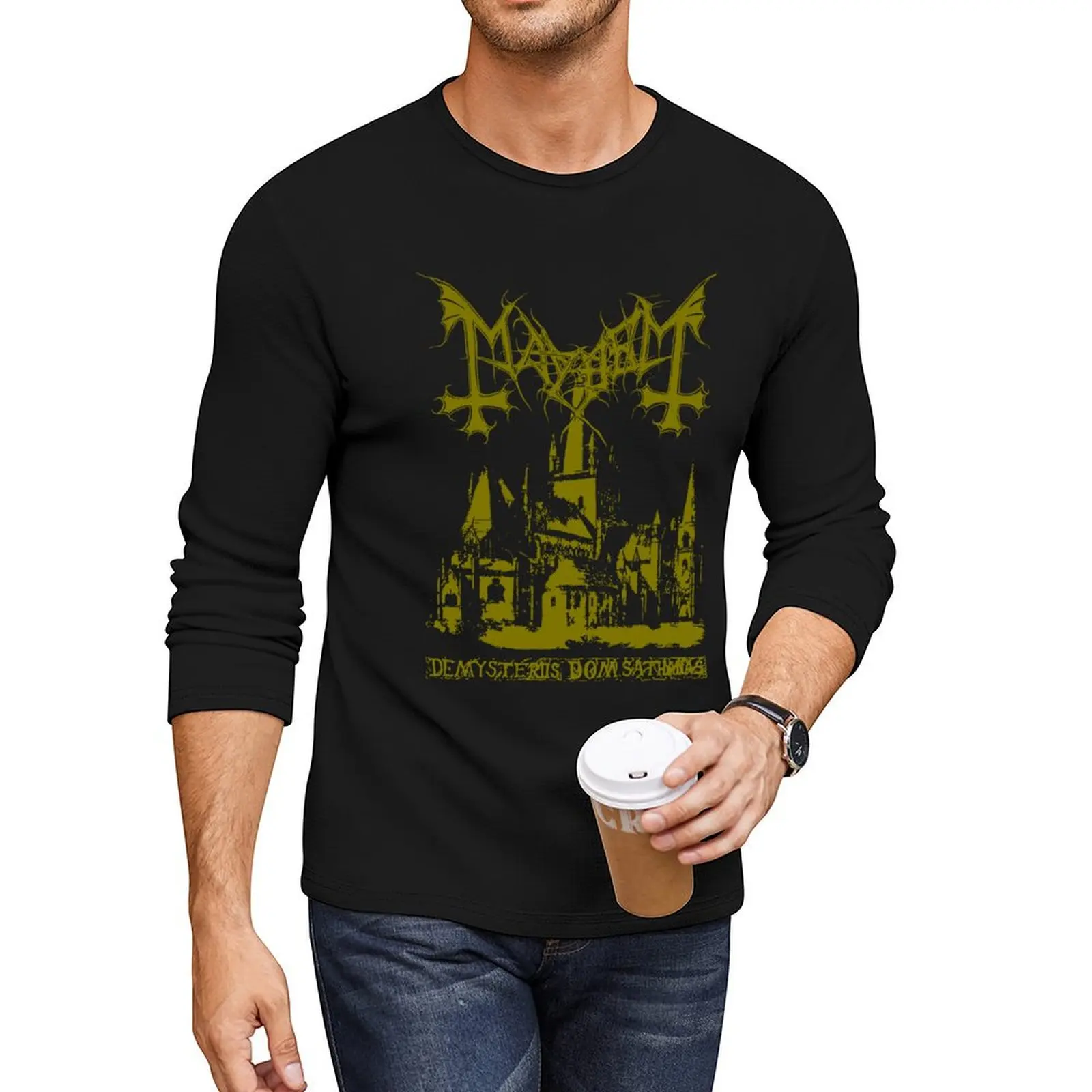 Mayhem - Норвегия Band Оригинальный логотип Fanart De Mysteriis Dom Sathanas Gold Long T-Shirt больших