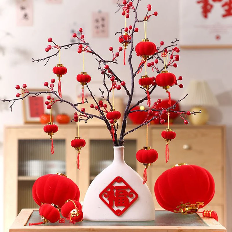 

25/30Pcs Small Flocking Red Lanterns DIY Mini Lucky Hanging Lantern Wedding Party Decor Chinese Spring Festival New Year Gift