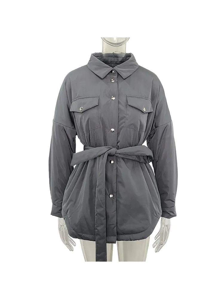 Women's Spring Jacket With Belt Pocket Thin Parkas Khaki Female Winter Shirt Parka Coats Armygreen Oversized Winter Outwears