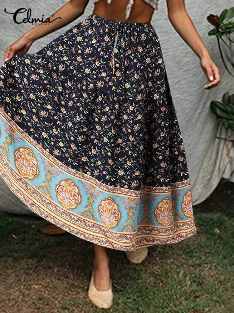 

Celmia Bohemian Floral Print Skirt 2022 Women Maxi Skirts Fashion Elastic Waist A-line Faldas Summer Holiday Casual Loose Jupes