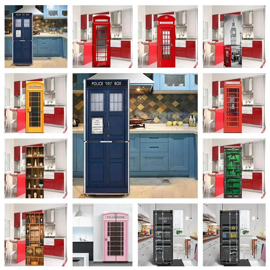 

Police Box Telephone Booth Wallpaper On The Fridge Self--Adhesive PVC Wall Sticker Kitchen Refrigerator Door Decal Poster Custom