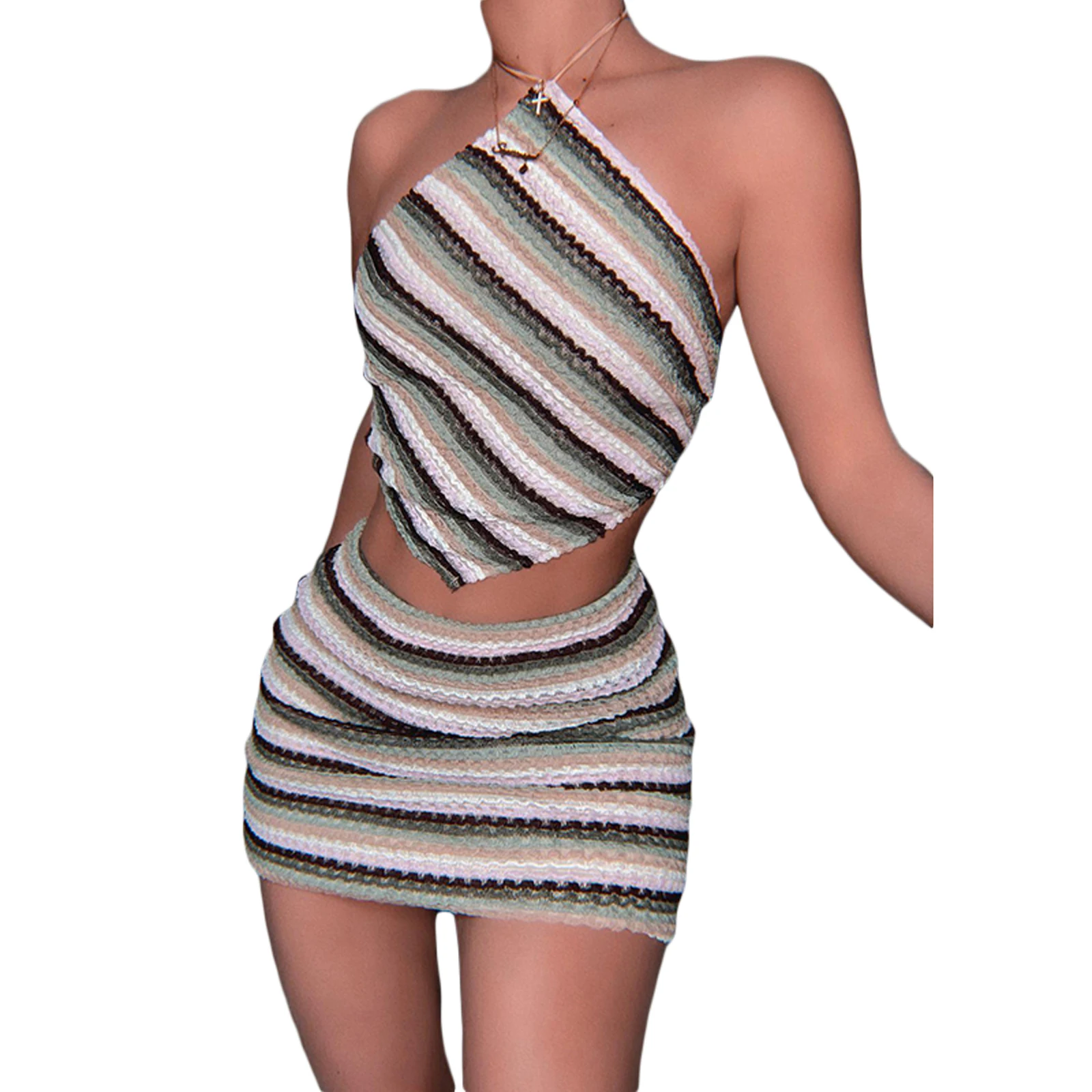 

2 Pieces Female Suit Set Contrast Color Halter Neck Sleeveless Tie-Up Tops+ Short Skirt for Summer S/M/L