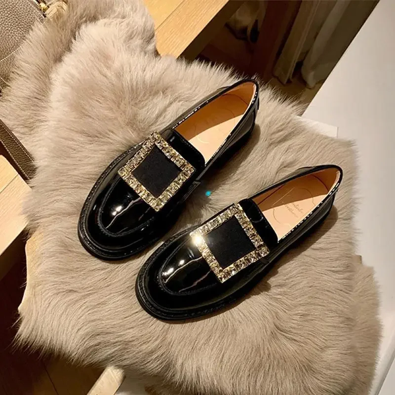 

rv fashion women's shoes leather diamond buckle retro single shoes lacquered thick bottom chunky heel loafers women's