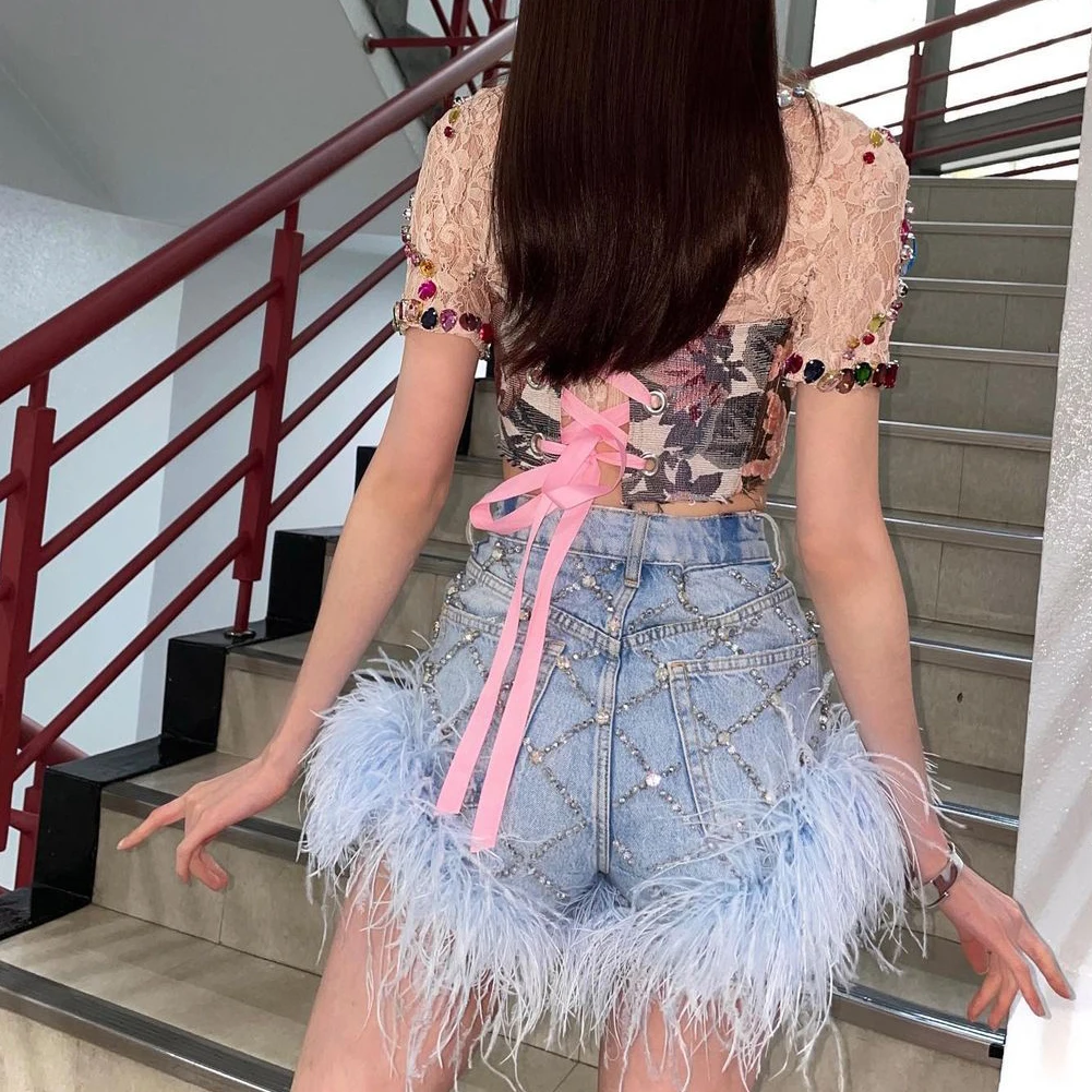 Women Denim Shorts with Feather Trim Diamonds Patchwork Solid Sexy Party Runway Fashion Blue Short Jeans Female Streetwear