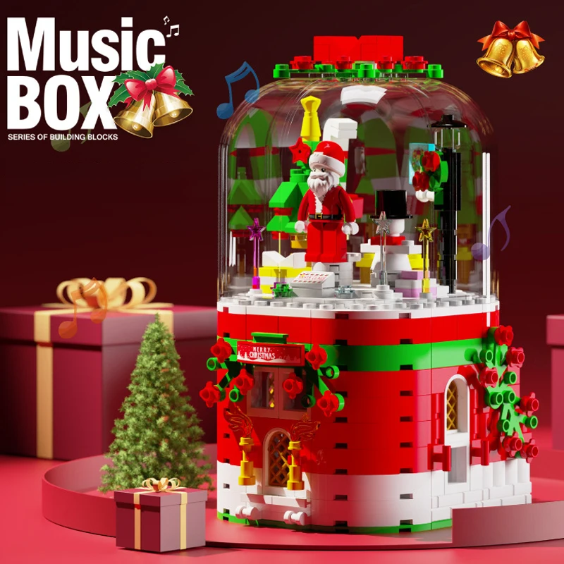 

Christmas Gift Music Box Santa Sleigh Reindeer Gift Cabin Assembled Building Blocks Bricks Toys For Boys And Girls Children