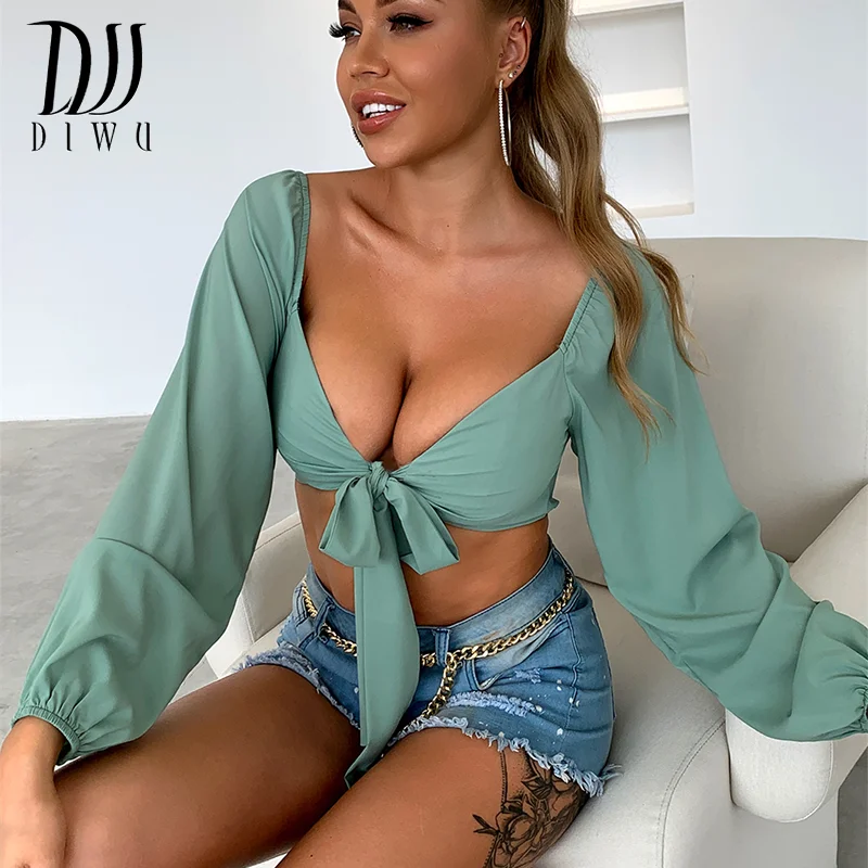 

Женский укороченный Топ с длинным рукавом, с V-образным вырезом