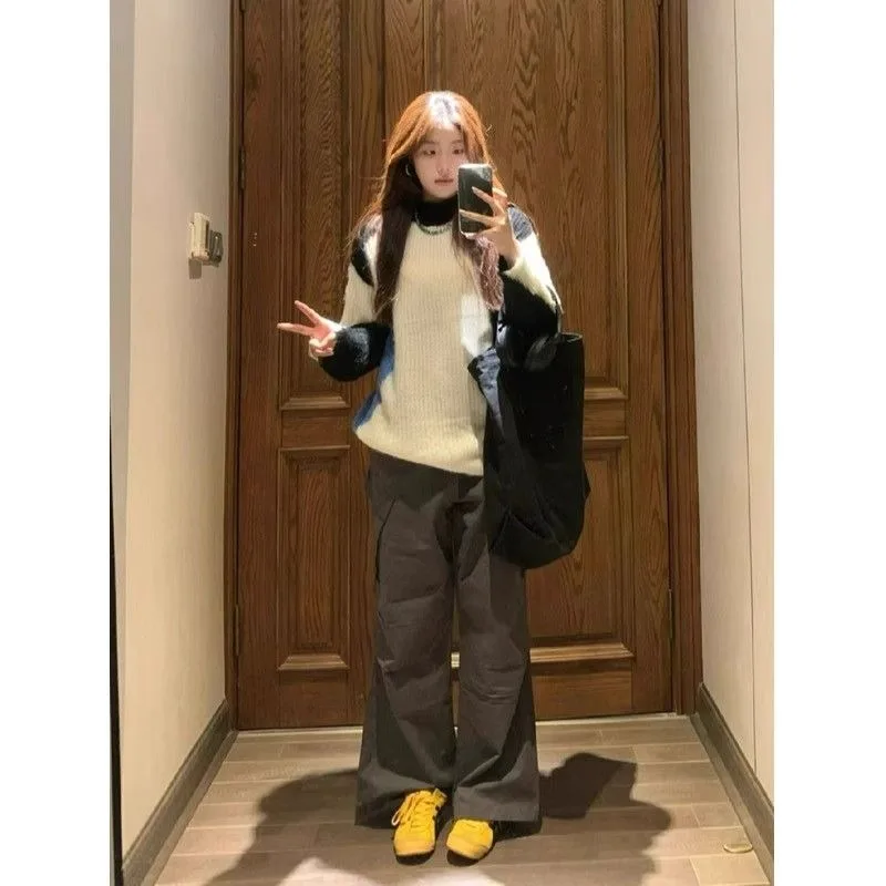 Женский пуловер с длинным рукавом винтажный трикотажный свитер контрастных