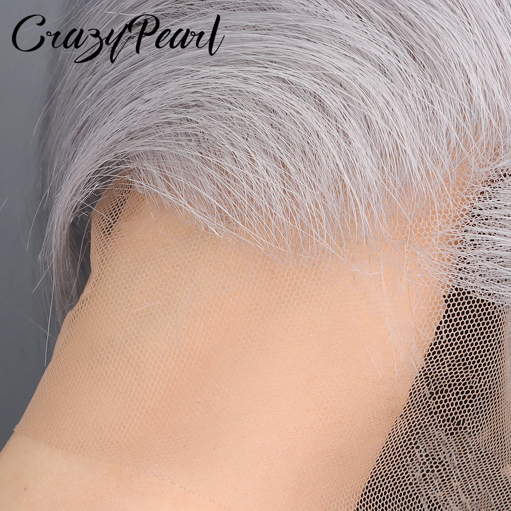 Фото Серый парик CrazyPearl из натуральных волос, прямой, с фронтальной шнуровкой 13x4, предварительно прорезанный, 10 дюймов, короткий парик из натуральных волос №5