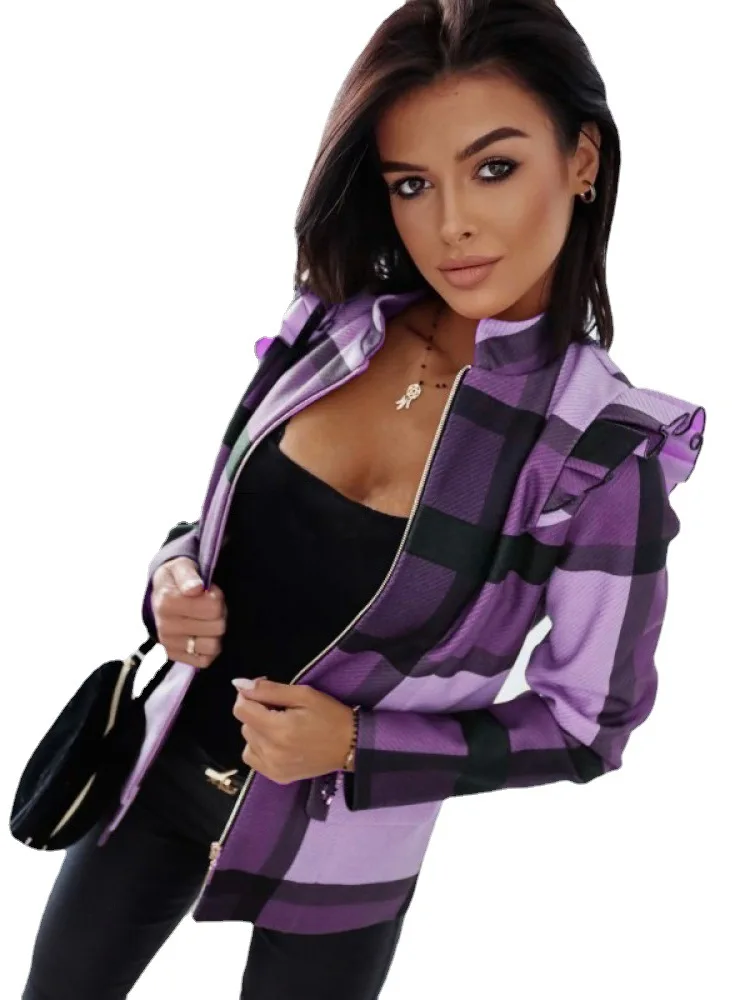 Новая женская осенне-зимняя клетчатая куртка Kurta с принтом короткая кожаная