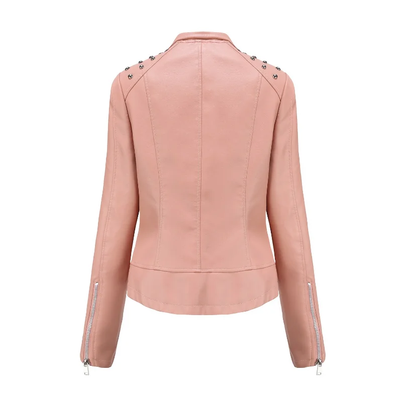 Spring and Autumn Thin Section Long-sleeved Fashion Jacket Lapel Motorcycle Suit Women's Beaded Leather Jacket