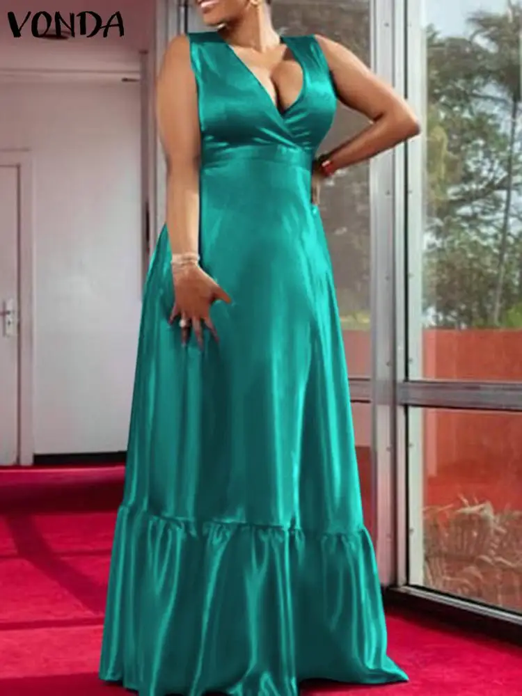 

VONDA Summer Satin Slik Dress 2022 Women Sexy V Neck Casual Robe Femme Loose Solid Sleeveless Tank Dress Ruffled Beach Sundress