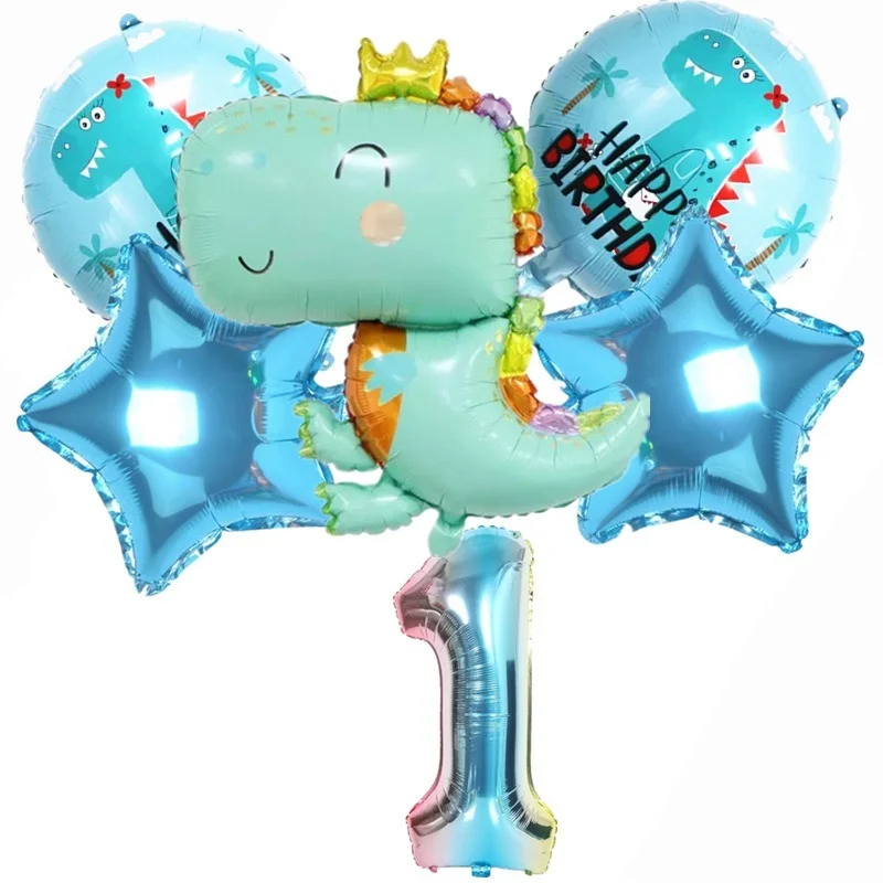 

6 Pentagram Set Cute Dinosaur Birthday Party Aluminum Foil Digital Balloons Kids Theme Decoration