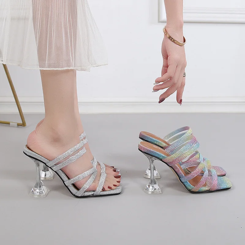 2022 New Fashion Color with Open-toe Heel Sandals and Slippers Women Outside Wear Square Toe Slippers Stiletto High Heels Women
