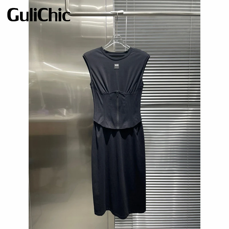 

4.9 GuliChic Letter Round Neck Sleeveless Shoulder Pads Black Temperament Collect Waist Midi Dress Women