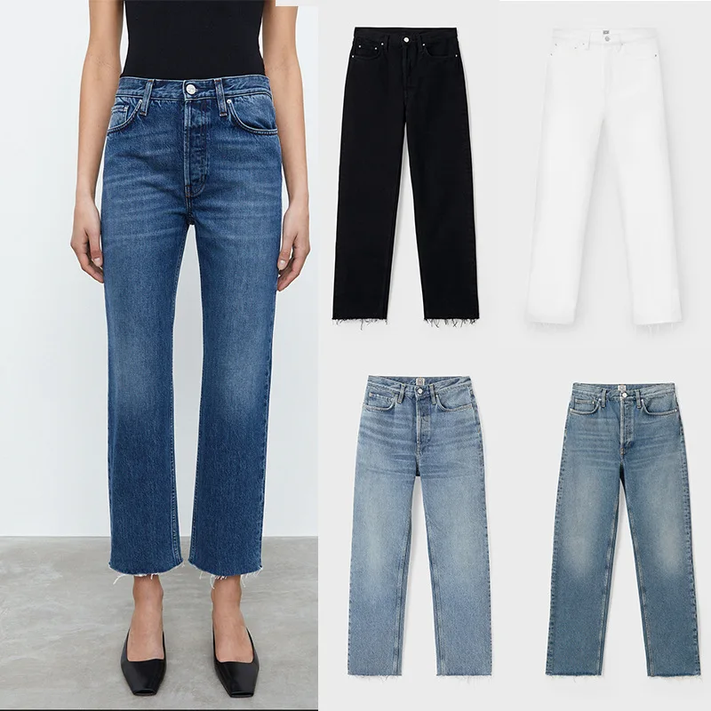 

Women Cotton Frayed Denim Pants Straight Comfortable Casual 5 Colors High Waist Zipper Fly Female Jeans Spring Summer 2022