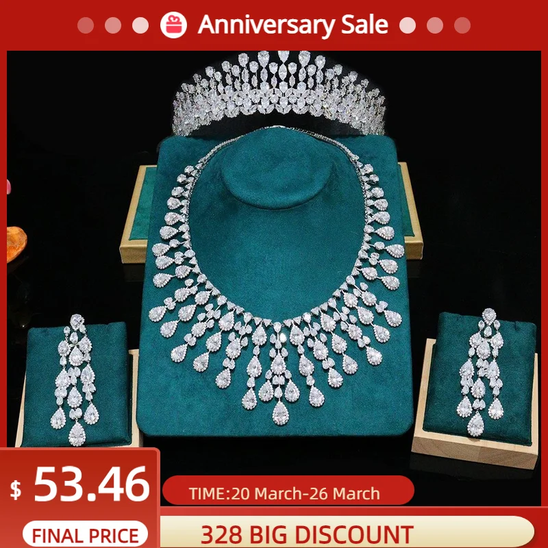 New Luxury White 5A Zirconia Dubai Nigeria Crown Necklace and Earrings Set for Women Bridal Wedding CZ Fashion Jewelry 3PCS Sets