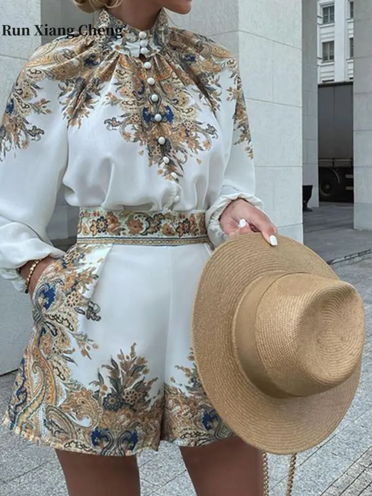 

Women's Short Sets Summer 2023 New Vacation Elegant Print Luxury 2 Piece Sets Women Outfit Long Sleeve Pretty Buttons Top Shorts