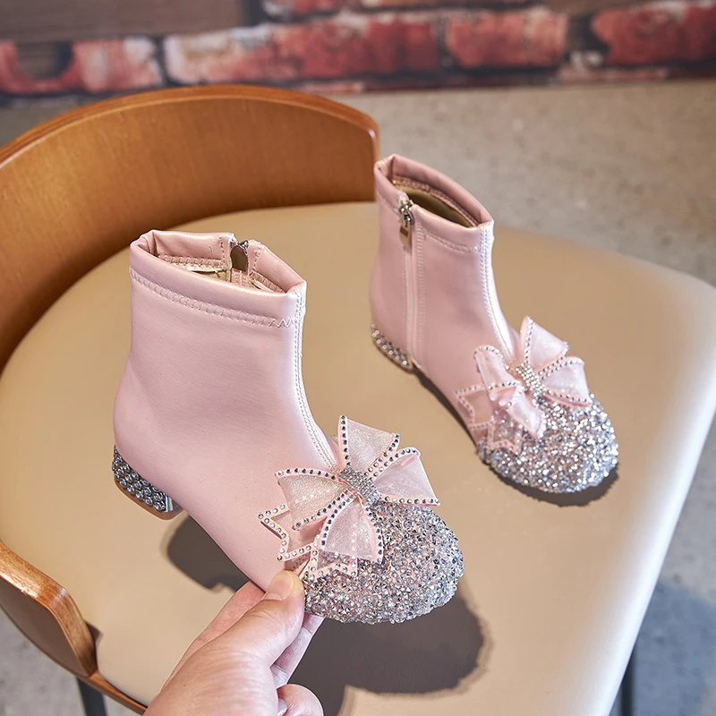Girls' Short Boots 2022 Autumn and Winter Rhinestone Bow Splicing Sweet Princess Leather Boots with Low Heels for Party Wedding enlarge
