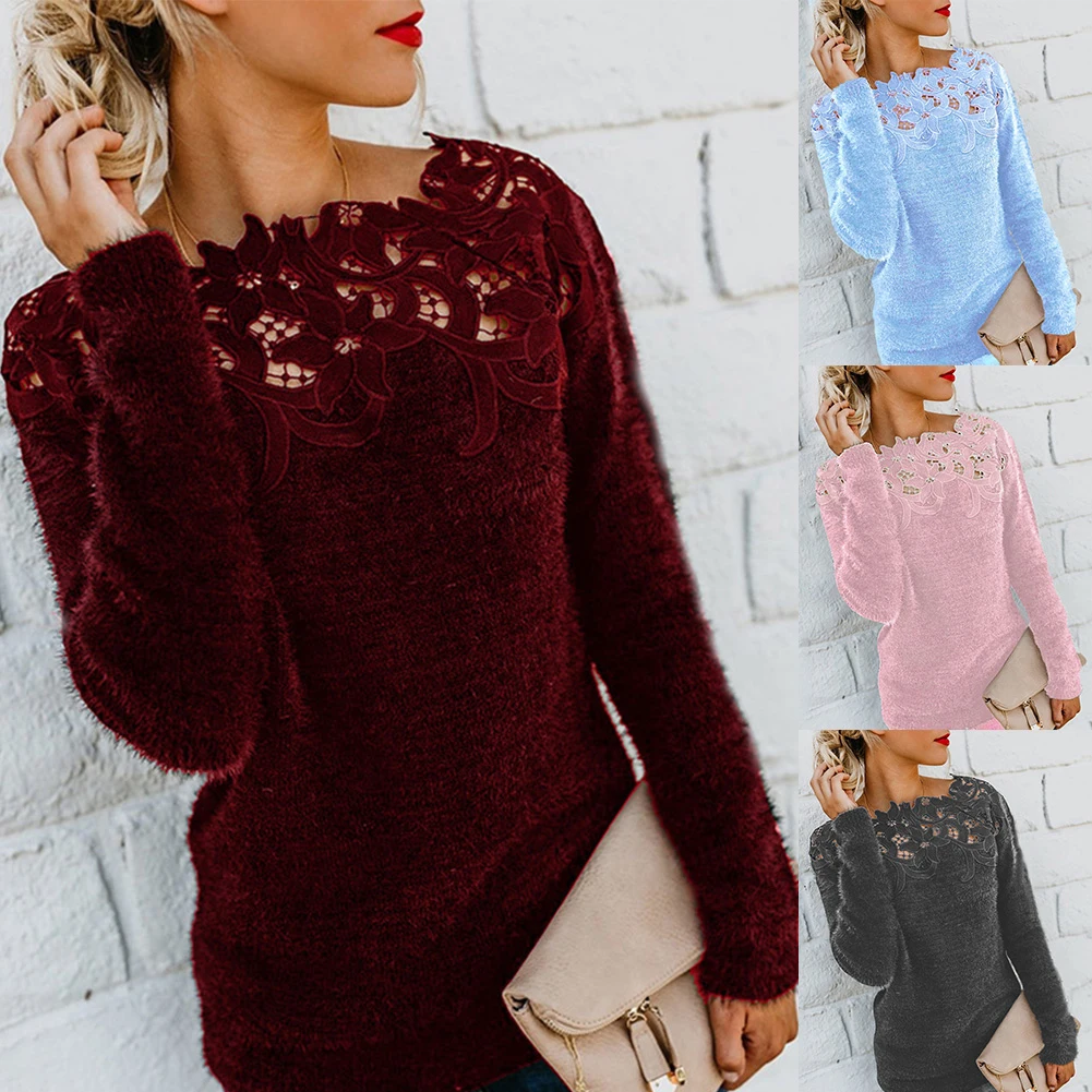 

Sexy Women Sweater Floral Lace Long Sleeve Solid Color Top Women's Clothing Women's jumper 2022 sweater