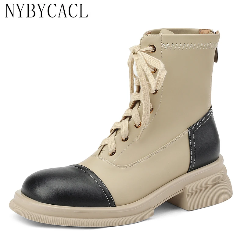 Women Autumn Winter Ankle Boots British Style Mixed Colors Leather Motorcycle Boots Woman Fashion Platform Lace Up Shoes New