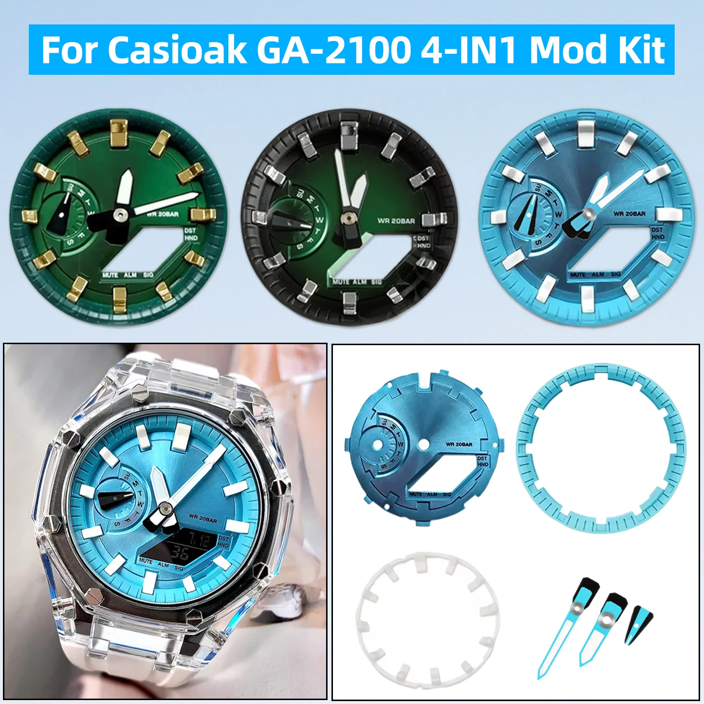 Фото Полный комплект светящегося модифицированного корпуса для часов Casio G-shock GA2100 GA2110 GA-B2100, набор металлических индексных колец для циферблата с безелем и часовыми метками для самостоятельной сборки. №1