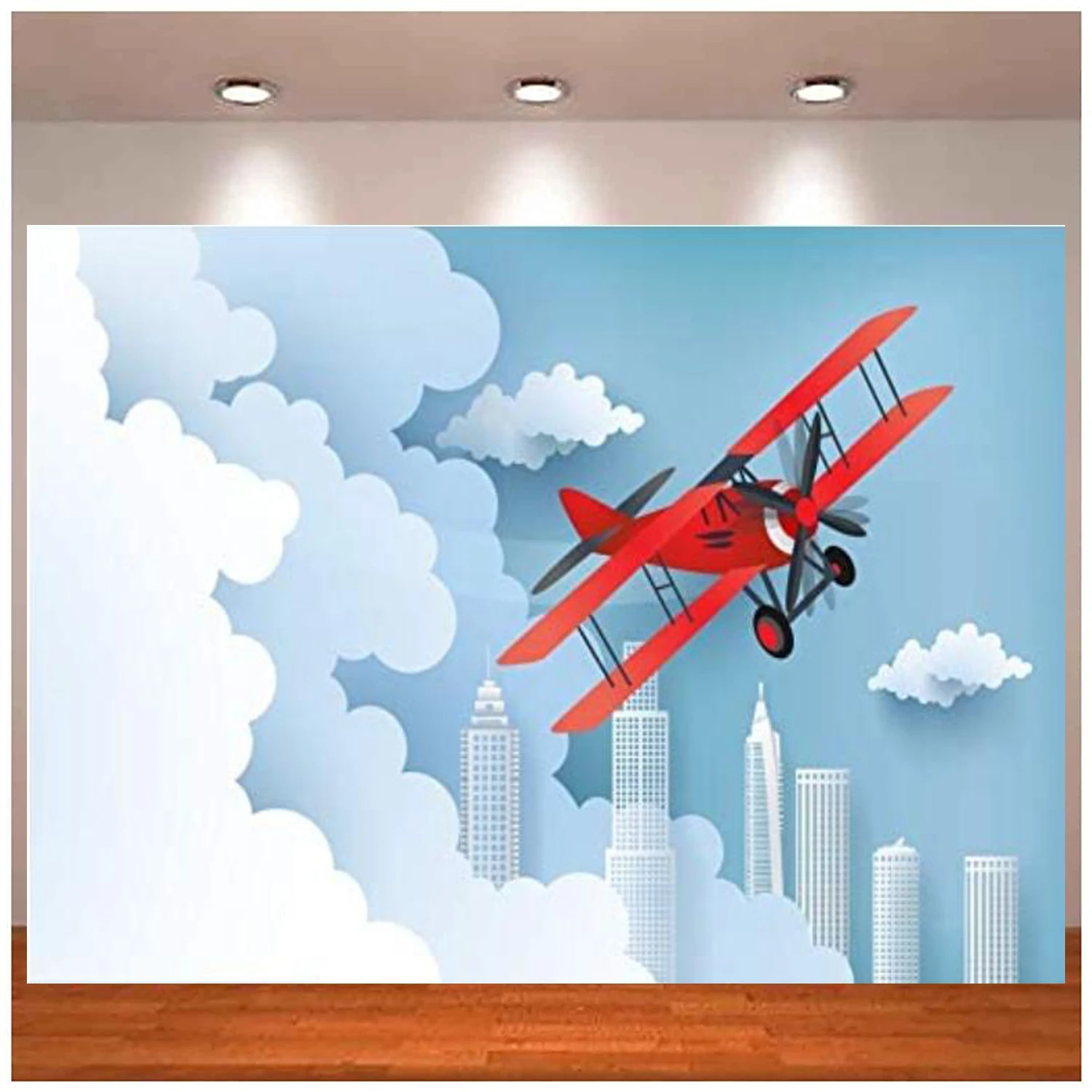 

Cartoon Red Airplane Photography Backdrop Baby Boy Birthday Party Background Blue Sky White Clouds Building Vintage Jet Plane